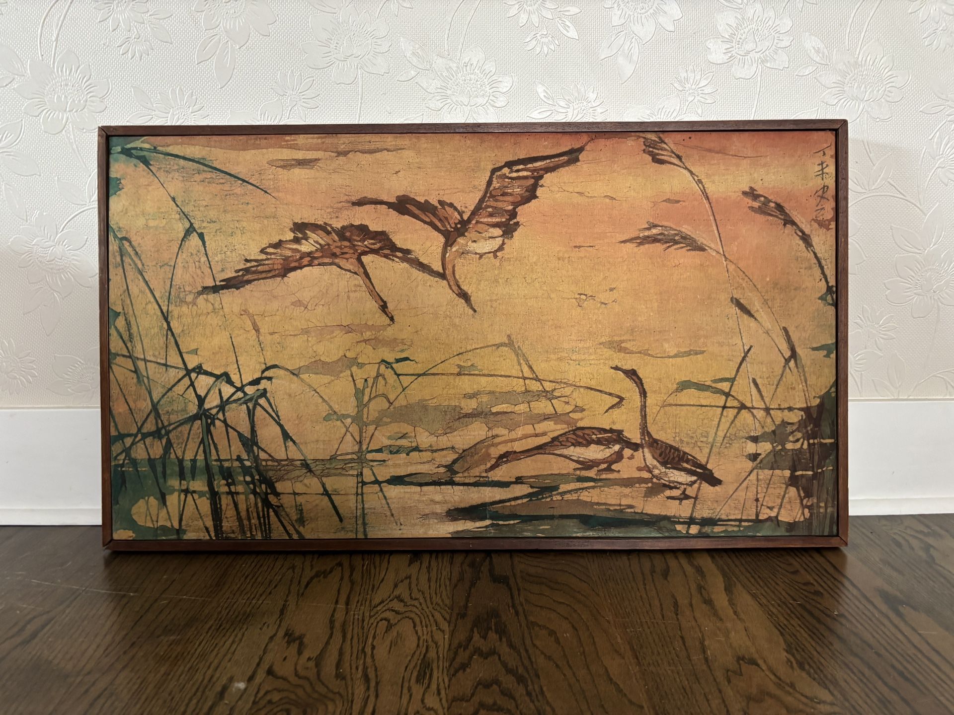 Large Midcentury Japanese Watercolor Painting of Waterfowl on Fabric