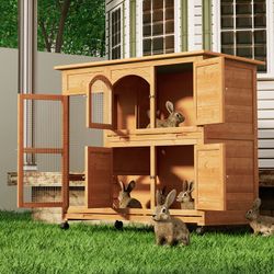47.5" Wood Rabbit Hutch Bunny Cage, Outdoors & Indoors Weatherproof Two Layer Pet Housr for Small Animal with Wheel, Natural $120