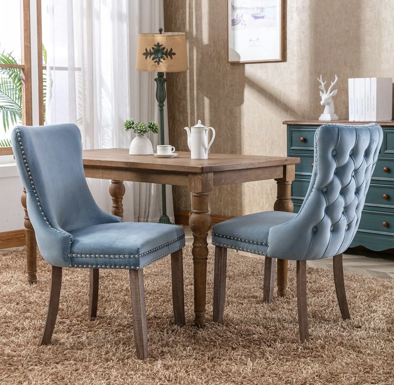 NEW IN BOX-CHARMMA Set of 2 Upholstered Wing-Back Dining Chair Armless Dining Room Chair with Backstitching Nailhead Trim and Solid Wood Legs for Kitc