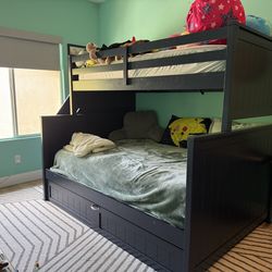 Living Spaces Luca Blue Twin over Full Bunk Bed with Stairs and Trundle