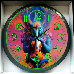 The Violin Goddess Music Studio Lounge Glow In The Dark Wall Clock New!