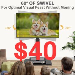 Universal Floor TV Stand Base for 32-70 Inch TVs up to 110 Lbs with Swivel Height Adjustable Mount , Black Tempered Glass Base for Media Storage