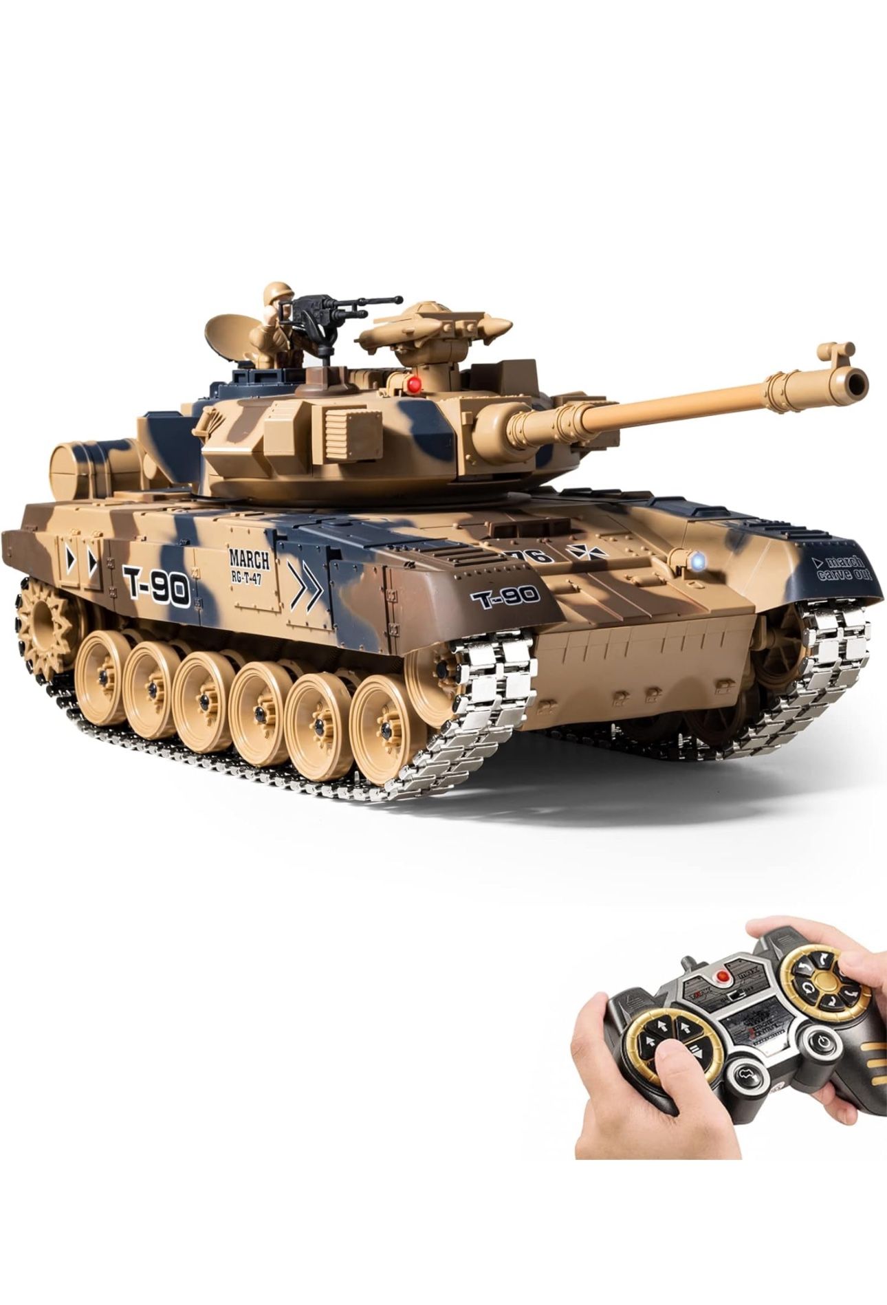 RC Tank, 1:18 Aluminium Alloy Tracks Remote Control Model Tank Toys, 2.4Ghz RUS T-90 Army Tank with Smoke, Light &Sound, RC Military Vehicle That