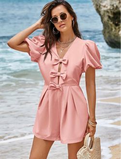 Women's Pink Puff Sleeve Bow Detail Romper Size XL