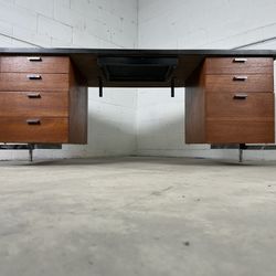 Mid Century Modern Florence Knoll Style Walnut & Chrome Executive Office Desk 🚚 Delivery Available - Retro Man Cave Estate Sale Furniture 1950s Teak