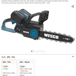 Cordless Chainsaw, WESCO Chain Saw, 2Pcs 4.0Ah Li-ion Battery and Charger Included, Tool-Free Chain Tensioning, Auto Chain Lubrication, Battery Power 