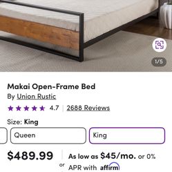 King Bed Frame + King Memory Foam Mattress – Like New (Guest Room)