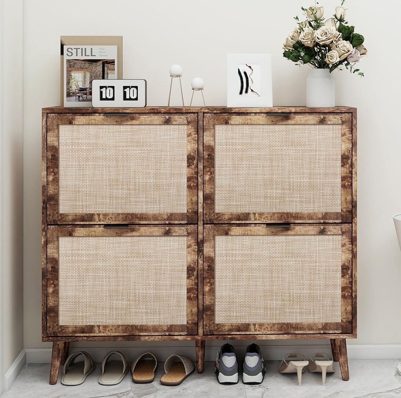 Shoe Cabinet with Flip Drawers - Rattan Shoe Cabinet Storage for Entryway, Rustic Narrow Hidden Shoe Rack with 4 Drawer, Boho Shoe Organizer Cabinet f