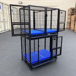 $310 (New) Set of (2) stackable dog cage 37x25x64” heavy duty folding kennel w/ plastic tray