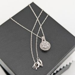 Italian 925 Sterling Silver Diamond Floral Drop Dangle Circle Pendant Necklace