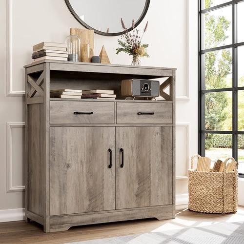 New HOSTACK Modern Farmhouse Buffet Sideboard, Kitchen Storage Cabinet with Shelves and Doors, Wood Buffet Cabinet with Drawers, Ash Grey,New Products : American Fashion Style Bags On Sale