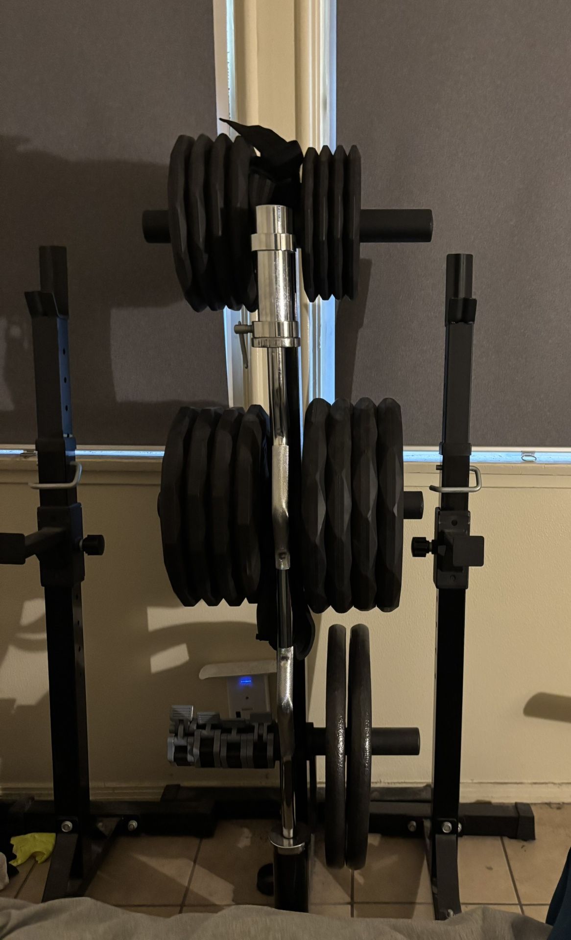 Weights Including Stands Curl Bar And Two Bench Rack Stands