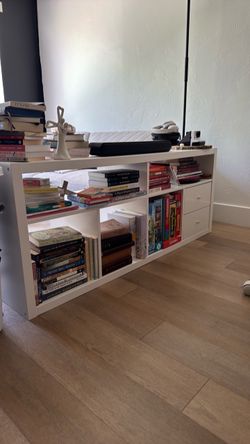 White Low Bookshelf with Drawers