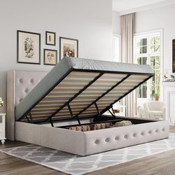 King Size Lift Up Storage Bed, Button Tufted Headboard with Wingback, Hydraulic Support, No Box Spring Needed, Light Beige  Size King Materi
