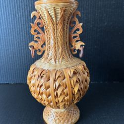 Vintage Woven Bamboo Vase 11” Tall
