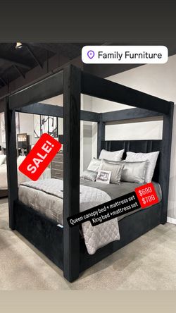 Velvet canopy bed frame with mattress and box spring NEW