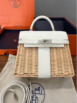 Hermes Picnic Kelly 20 White Swift/Osier Wicker Palladium Hardware
