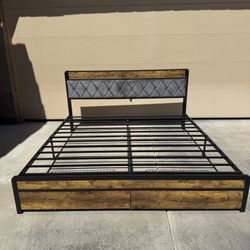 King Size Metal Platform Bed w/ 2 Storage Drawers, LED Light, Velvet Headboard w/ charging station