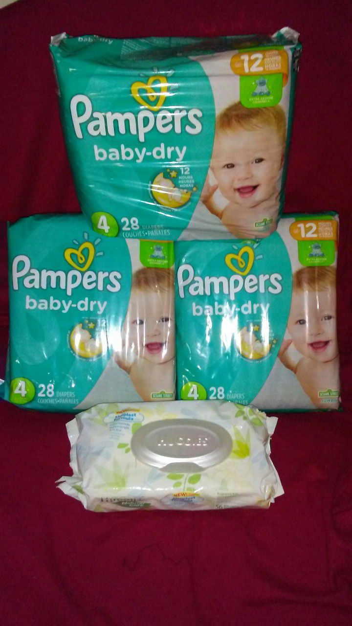 3 packs of pampers sz 4 plus a pack of wipes