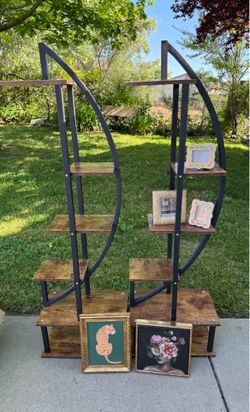 Two piece plant and picture stand and shelves.
