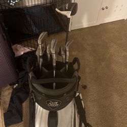 Club champ golf Bag with golf Clubs (Taylormade Sim 2 max Irons) RBZ driver, Cleveland putter