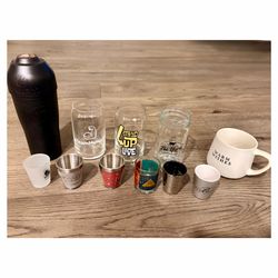 Drinkware Bundle – 3 Glass Cups, 5 Shot Glasses, Drink Mixer & Mug