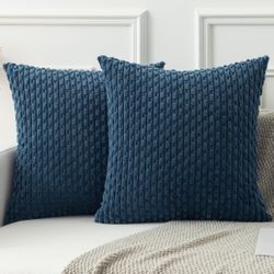 Kevin Textile 2 Packs Blue Decorative Throw Pillow Covers 20x20 Inch for Living Room Couch Bed Sofa Soft Striped Corduroy Square Cushion Case 50x50 cm