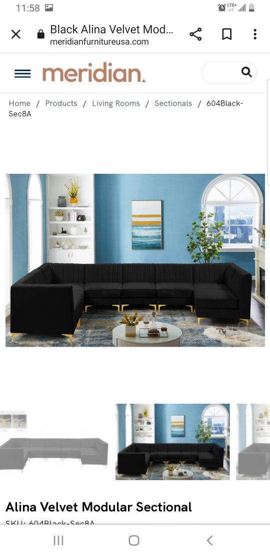 Meridian Furniture Alina Collection Velvet Upholstered Modular Sectional with Deep Channel Tufting, 8-Seater, Black