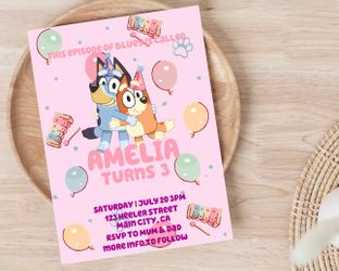 Bluey Birthday Invitation Pink