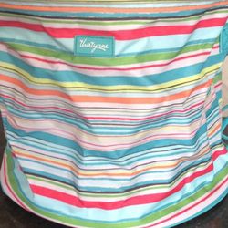 Thirty  One Like New Utility Drawstring Bin Beach Bag Kelly Green Pink Stripe