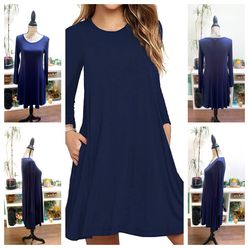 Women's Comfy Casual Loose Swing Tunic Long Sleeve Pocket Solid T-Shirt Dress - Size: Small - Color: Navy Blue