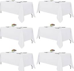 White Tablecloths for Rectangle Tables, 6 Pack - 70 x 120 Inches - Reusable and Washable Table Clothes for 6-8 Ft Tables, Polyester Fabric Table Cover