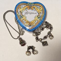 Brighton Jewelry Set Necklace Bracelet Earrings Includes Heart Shaped Tin 
