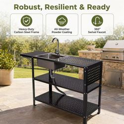 55-inch outdoor stainless steel sink workstation with a foldable side table, three-tier storage rack, full-hole drainage.