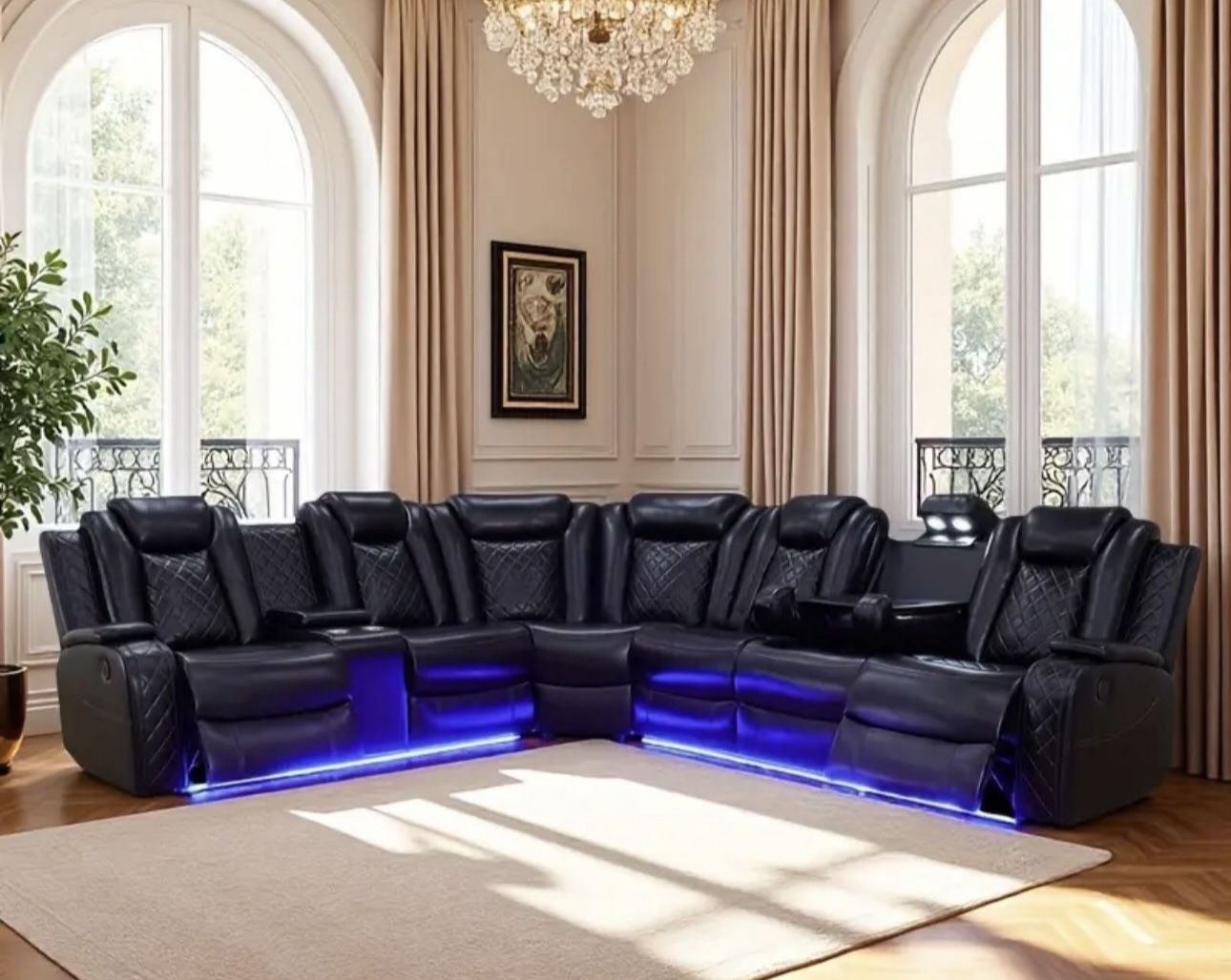 Power Electric Black Leather Fully Reclining Sectional Couch 