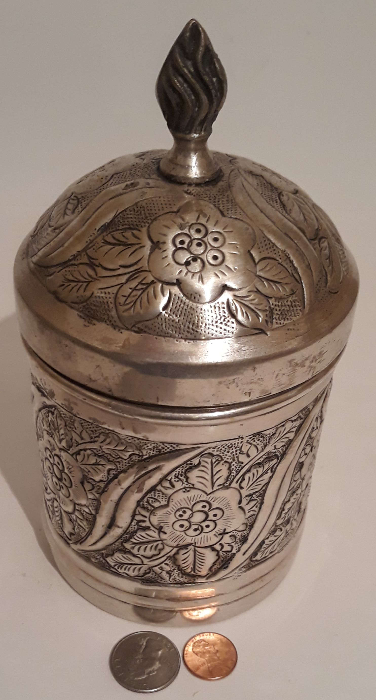 Vintage Silver Plated Metal Container, Storage Box, Stash Box, 7 1/2" x 4", Heavy Duty Quality, Flower Design, This Can Be Shined Up Even More