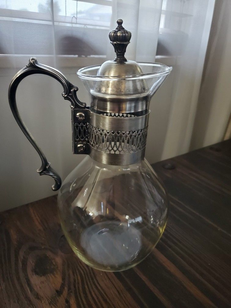 Vintage Glass Pitcher/ Glass & Silver Plated Lid & Handle