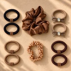 10-PCS,Women’s Fabric Elastic Hair Tie Set Solid Multicolor Bow Beaded Casual