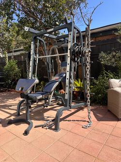 MARCY OLYMPIC SMITH MACHINE SQUAT RACK WITH OLYMPIC WEIGHTS AND BENCH