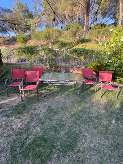 5-Piece Outdoor Patio Dining Set with Glass Top Table and 4 Red Chairs