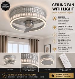 Exquisite and sleek ceiling fan with hidden blades several speeds and light options LED with remote two available brand new never used