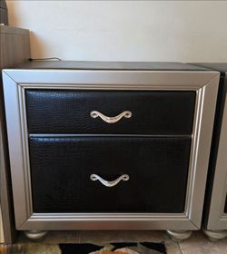 Set of 2 Crocodile Embossed Vegan Leather and Silver Wood Nightstands