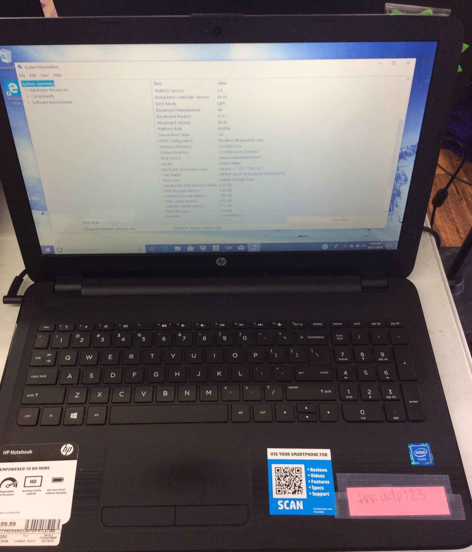 HP 15” Laptop 4GB Ram 500GB Hard Drive