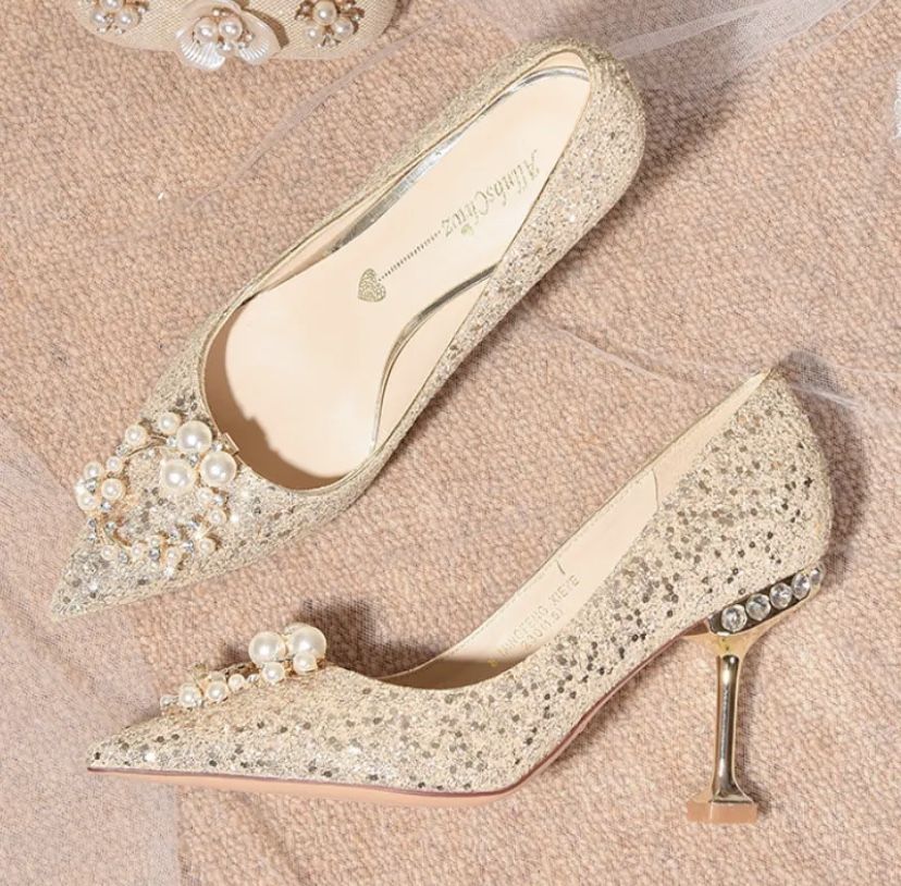 Women Shoes High Heels 2023 New Women Pumps Sequins High Heels Women Shoes Sexy Ladies Wedding Party Bow Tie Stiletto Heels Heel: 6 cm Size: 37 (6.5