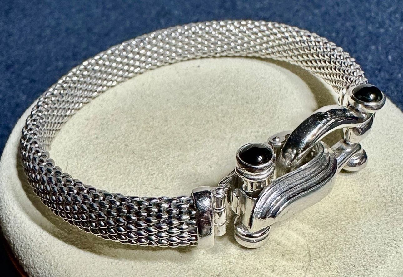 FREE SHIPPING! Gabrielle Bruni 925 Silver & Onyx Popcorn Mesh Hook Bangle 6.75” Lot#761