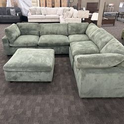 Boho Green Cloud Sectional W/ Ottoman