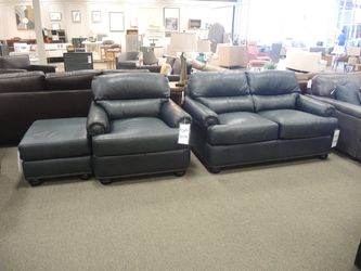 Leather Chair and Ottoman - Teal | Footstool | Pouf