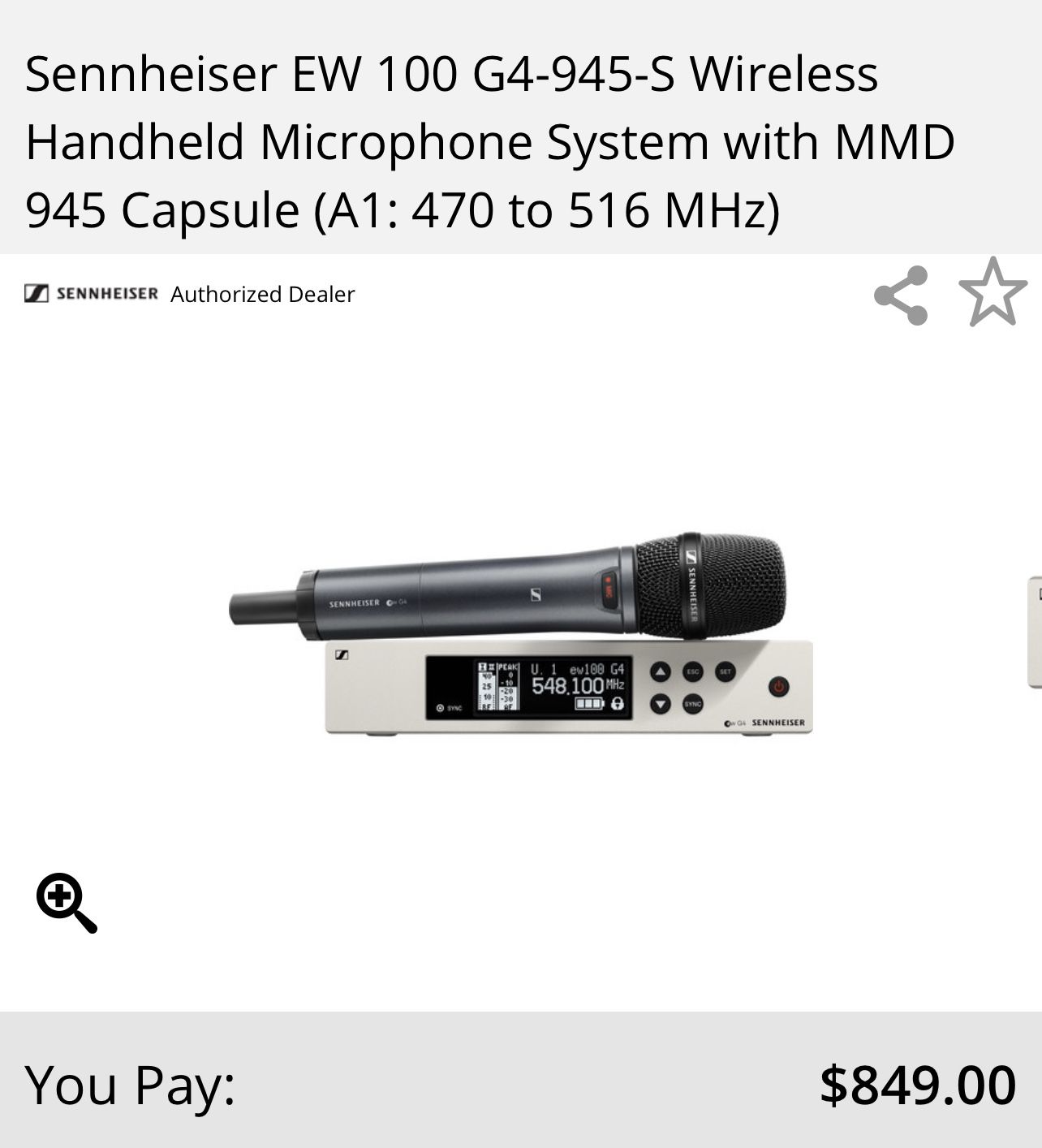  Sennheiser EW 100 G4-945-S Wireless Handheld Microphone System with MMD 