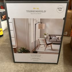 Downbridge Floor Lamp with Shade Black/Tan - Threshold™: Ambient Light, Metal Base, Linen Drum