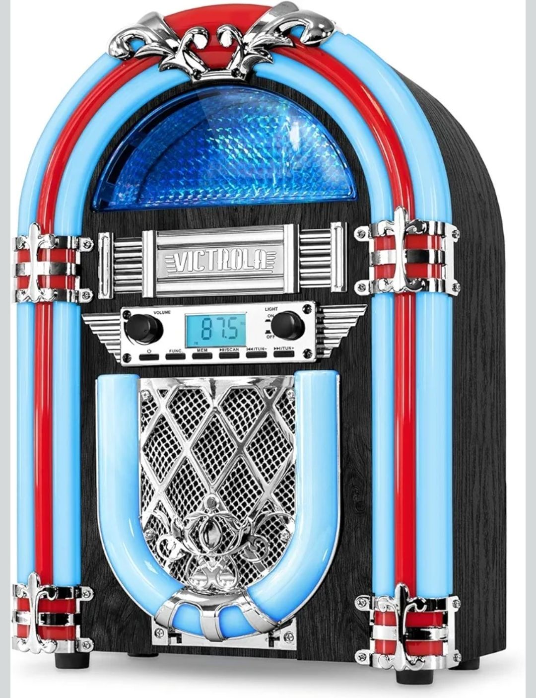 Victrola Redding Tabletop Bluetooth Jukebox with Built-In Speaker, 3.5mm Aux and RCA Output, Classic 50's Retro Design, Color-Changing LED Light, AM/F